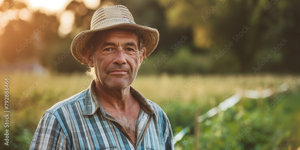A farmer man wearing a straw hat and a blue shirt is smiling A farmer man wearing a straw hat and a blue shirt is smiling