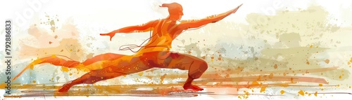 Artistic rendering of the Warrior II Pose Virabhadrasana II, depicted in a dynamic, flowing style, suitable for yoga apparel designs and fitness magazines photo