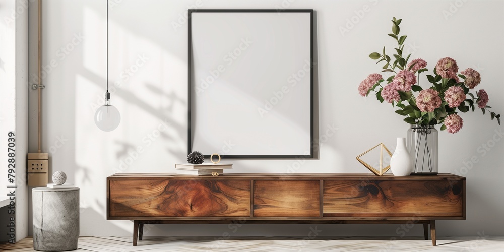 A white framed picture sits on a wooden dresser A white framed picture sits on a wooden dresser