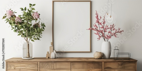 A white framed picture sits on a wooden dresser