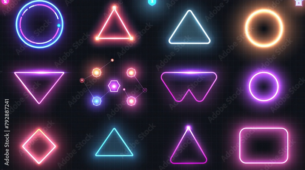 An empty frame and neon geometric figures set on a transparent background. Illustration of colorful squares, triangles, circles, hexagons with a realistic LED backlight. An empty frame and neon geometric figures set on a transparent background. Illustration of colorful squares, triangles, circles, hexagons with a realistic LED backlight.