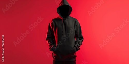 A black hoodie is displayed on a grey background