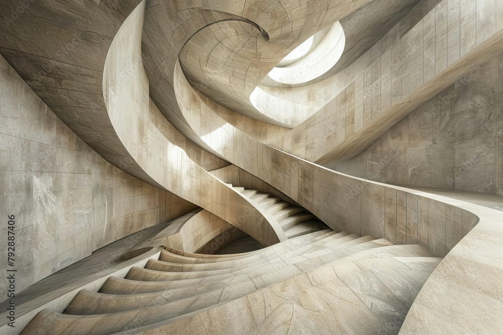 Graphic design of an Escherinspired staircase that loops infinitely, creating a visually intriguing and impossible architectural structure, perfect for thoughtprovoking art installations and puzzle ga - obrazy, fototapety, plakaty 