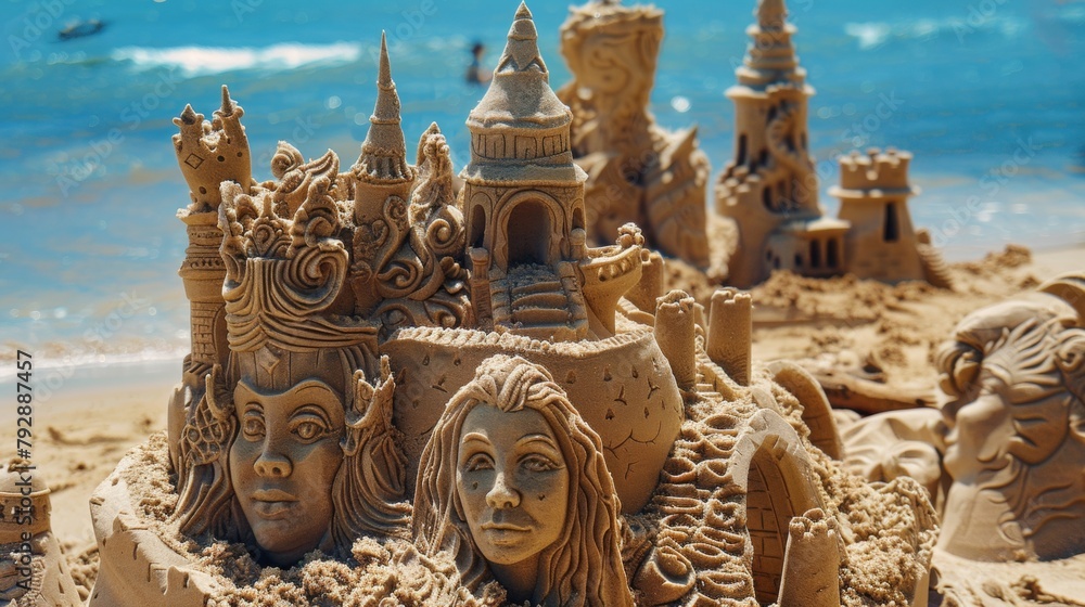 Fototapeta premium Sandcastles sculpted with intricate details, standing proudly against the backdrop of the ocean