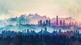 Panoramic view of a cityscape blending into a mountain range with surreal proportions and colors, suitable for avantgarde art exhibitions and innovative marketing campaigns