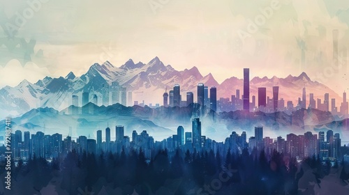 Panoramic view of a cityscape blending into a mountain range with surreal proportions and colors, suitable for avantgarde art exhibitions and innovative marketing campaigns photo
