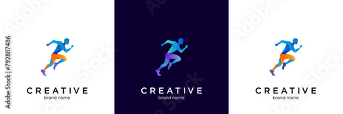Running Man silhouette Logo with Finish ribbon, Marathon logo template, running club or sports club