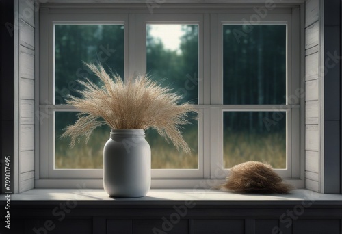 flower seat 3d dry white floor white wall windows Decorated renderThere Large style big window reed looking plank Vintage jar wood photo