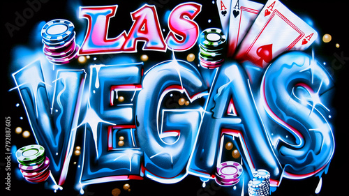 LAS VEGAS - graffiti inscription with chrome effect. Spray painted tag, street art design. Wallpaper and background resource.