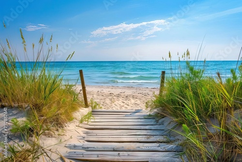 Image of a rustic wooden pathway leading to a secluded beach, with the textures of weathered wood and soft sand, perfect for setting the scene in luxury travel itineraries and resort marketing