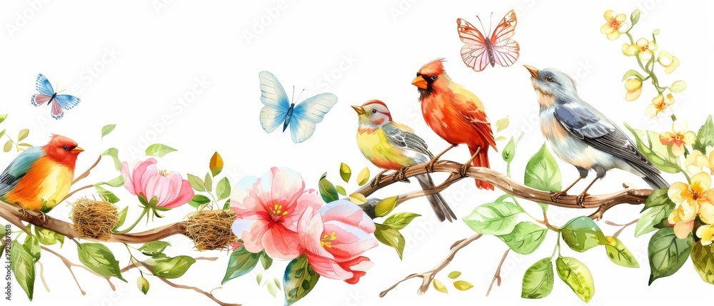 A watercolor painting of a branch with birds and flowers. A watercolor painting of a branch with birds and flowers.
