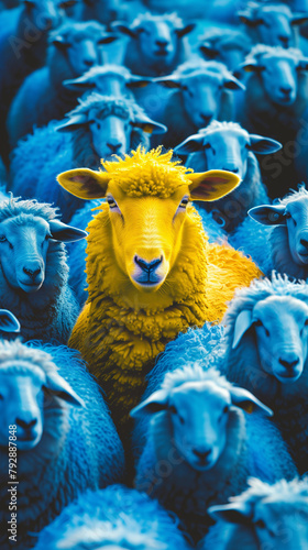 A vibrant yellow sheep stands out in a crowd of identical blue sheep, symbolizing individuality, uniqueness, and the courage to be different, created with generative AI technology © christian