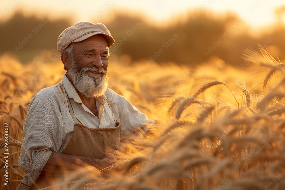 A farmer stands in a thriving crop field - his pride in the abundant harvest reflecting the tangible gains of his dedication and hard work A farmer stands in a thriving crop field - his pride in the abundant harvest reflecting the tangible gains of his dedication and hard work