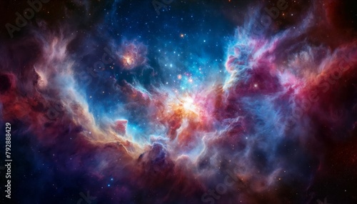Cosmic background with a blue purple nebula and stars photo
