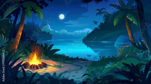 Nighttime campfire in the jungle  dark rainforest landscapes with trees  path  and a smoldering fire on shore  modern cartoon illustration.