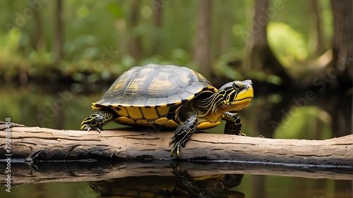 turtle in the grass, A yellow-bellied slider turtle at Wilmington, North Carolina's Greenfield Lake rests on a stump of a cypress tree. photo