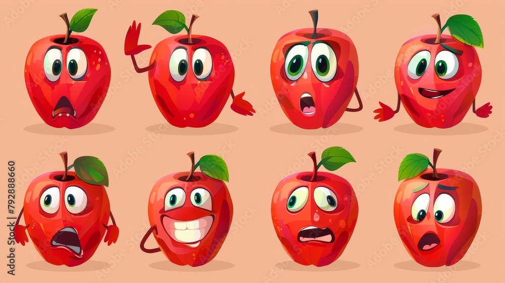 Red apple character face emoji set. Cartoon garden fruit facial expressions. Happy, laugh, waving hand, surprised. Cute friendly UI comic character for menus or games. Modern illustration. Red apple character face emoji set. Cartoon garden fruit facial expressions. Happy, laugh, waving hand, surprised. Cute friendly UI comic character for menus or games. Modern illustration.