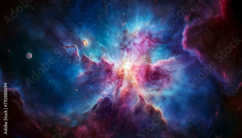 Cosmic background with a blue purple nebula and stars photo