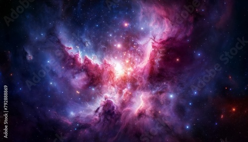 Cosmic background with a blue purple nebula and stars photo