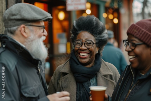 Group of friends having fun together in the city. Cheerful african american women and senior man laughing and drinking coffee. © Chacmool