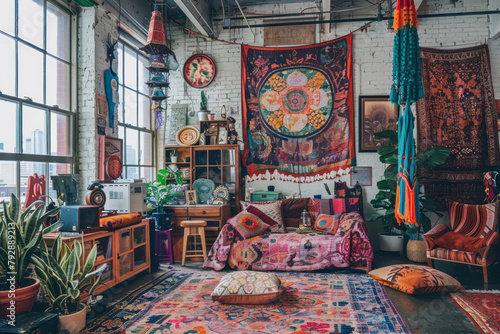 Artistic bohemian loft studio with eclectic decor  colorful tapestries  and an abundance of natural light.