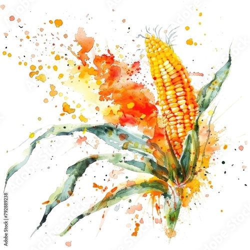 An expressive watercolor painting of corn cobs with dynamic splashes of color © dashtik