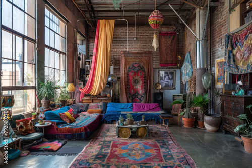 Artistic bohemian loft studio with eclectic decor, colorful tapestries, and an abundance of natural light.