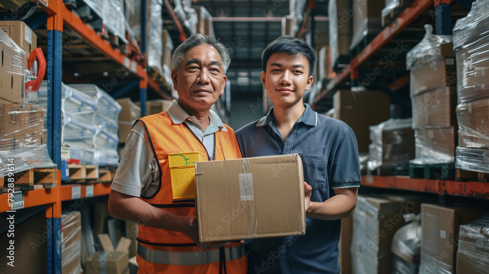 Asian workers work in a warehouse