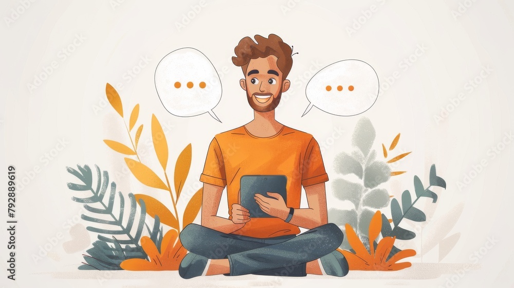 Artificial Intelligence technology concept, chatbot assistant. Casual man relaxing and chatting with bot on mobile smart phone app with speech bubble.