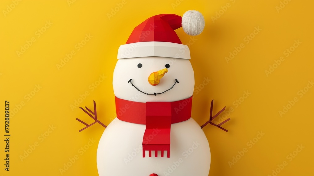 Graphite illustration of a snowman on a yellow background with a red scarf and hat Graphite illustration of a snowman on a yellow background with a red scarf and hat
