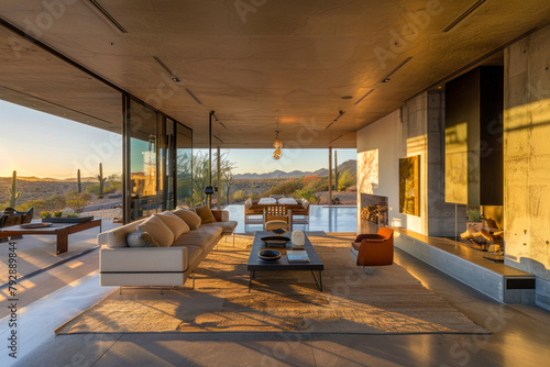 Contemporary desert retreat with earthy tones, minimalist furnishings.