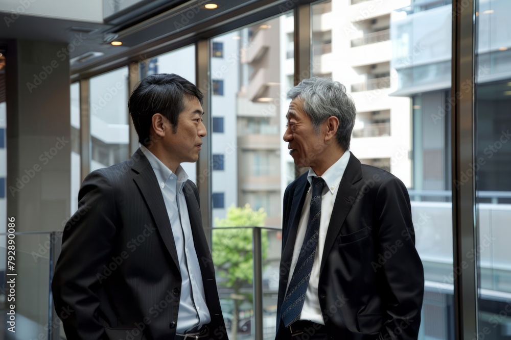 A Japanese businessman talks business with his colleague in a modern office environment, demonstrating professionalism and focus in their interactions. A Japanese businessman talks business with his colleague in a modern office environment, demonstrating professionalism and focus in their interactions.