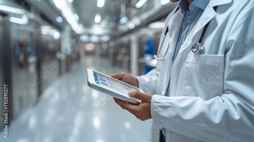 A blurred hospital background with a virtual hospital, telemedicine, telehealth, healthcare and modern technology concept. Doctor using digital tablet with medical icons on virtual screen. photo