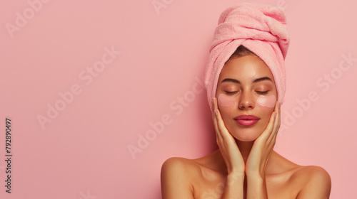 Woman in a pink towel wrapping, touching her face with both hands, over a pink background