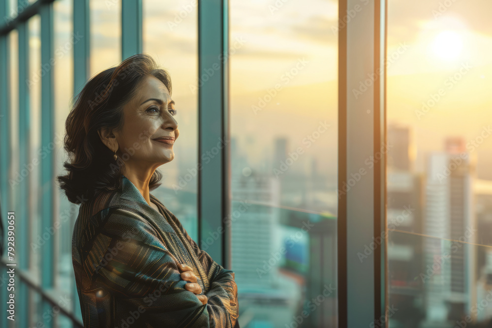 A satisfied Indian mature woman stands in a modern skyscraper office boardroom, smiling as she gazes out the window, admiring the city view. A satisfied Indian mature woman stands in a modern skyscraper office boardroom, smiling as she gazes out the window, admiring the city view.