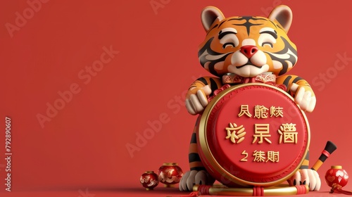 Year of the Tiger banner for 2022. A 3D rendering of the tiger standing on the drumhead of the Chinese drum with a couplet written blessing. On the right are the Chinese characters for greeting the photo