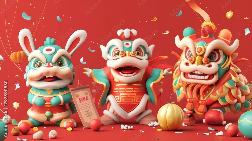 Animated Cartoon CNY element set including bunnies, sycees, scrolls, fortune bags, and lion dance performances. Isolated on red.