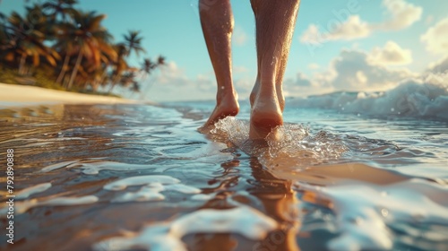 Close up of a man s feet walking on the beach  closeup of legs in shallow water against a tropical resort background