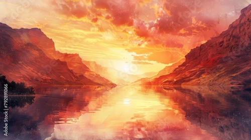 Red sunset over a mountain lake