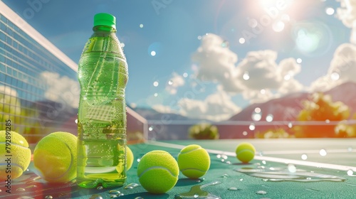 Animated 3D sport water bottle ad. Green bottle on tennis court with racket and balls.