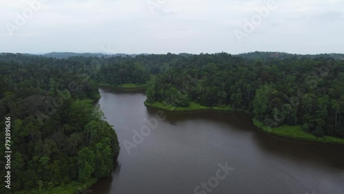 Drone flight over a river in the jugla of srilanka. 4k, overcast. photo