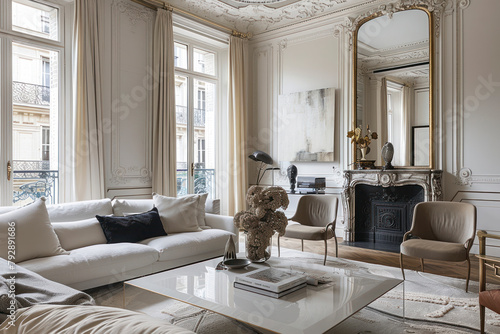 Parisian chic apartment boasting elegant Haussmannian architecture, ornate moldings. © Hunman