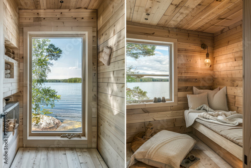 Scandinavian lakeside cabin featuring natural wood finishes, expansive windows overlooking serene waters.