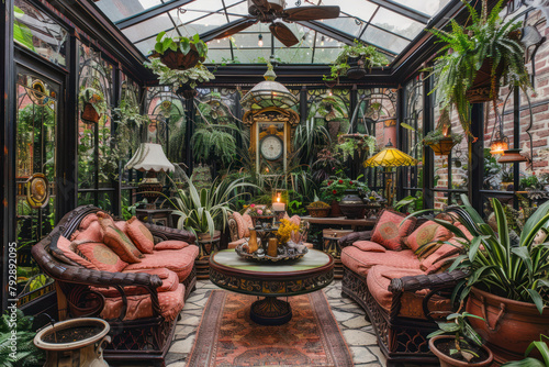 Victorian conservatory transformed into a whimsical botanical garden with a variety of exotic plants.