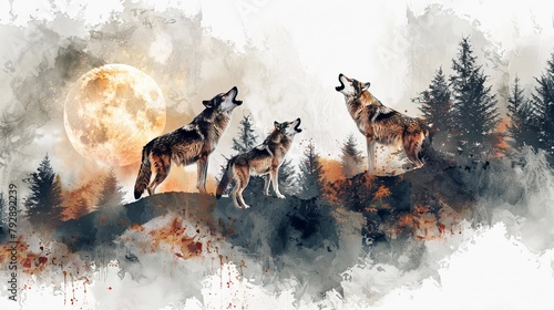 Three wolves howling at the moon in a watercolor painting style