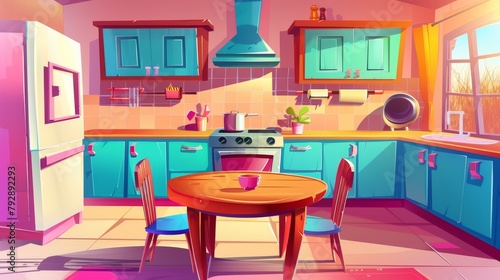 This cartoon illustration depicts a kitchen and dining room interior with table  chairs  oven  hood  cooking counter  sink  and cabinets. There is also a window in the room  and there is an empty