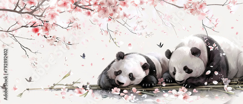 Two pandas are lying on a branch under a cherry blossom tree. The petals are falling.