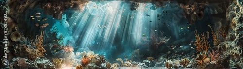 Underwater scene with various species of fish and coral