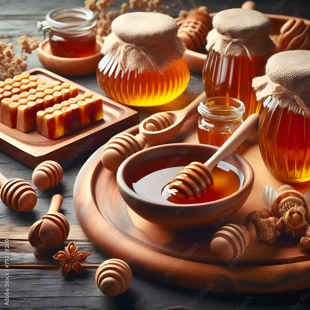 Honey On Wooden Table With Bread Laying In It. Honey On Wooden Table With Bread Laying In It.