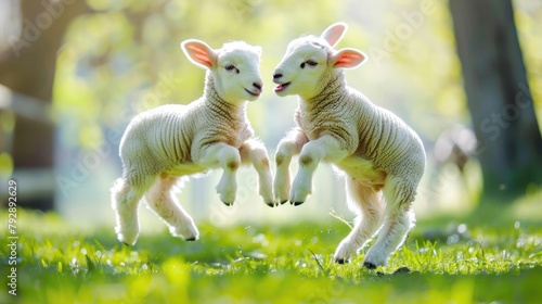 Funny two lambs playing in the green field meadow at sunny day. AI generated image